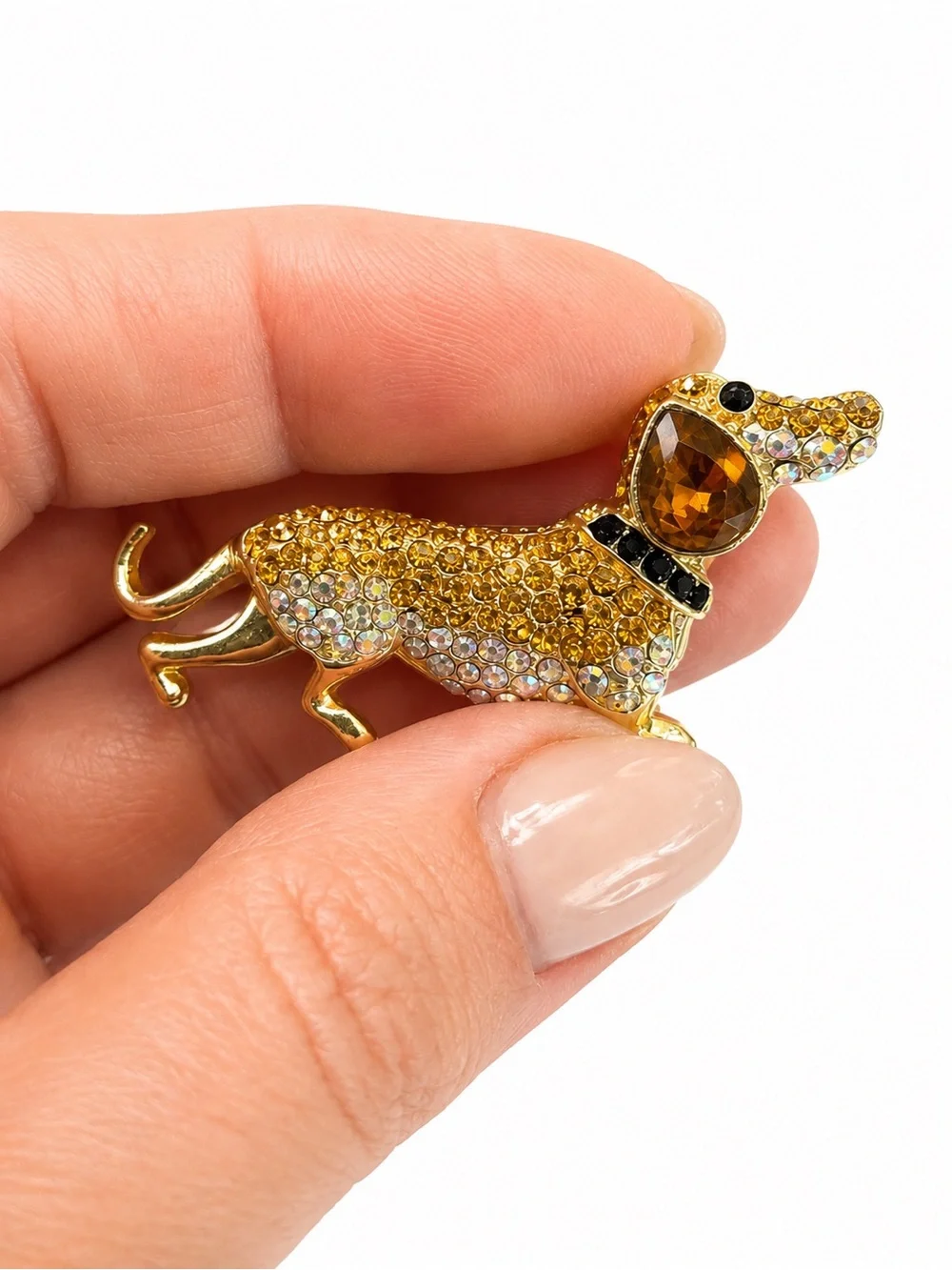 NWT Gold Tone Dachshund Dog Brooch Pin w/ Amber & Aurora Rhinestones